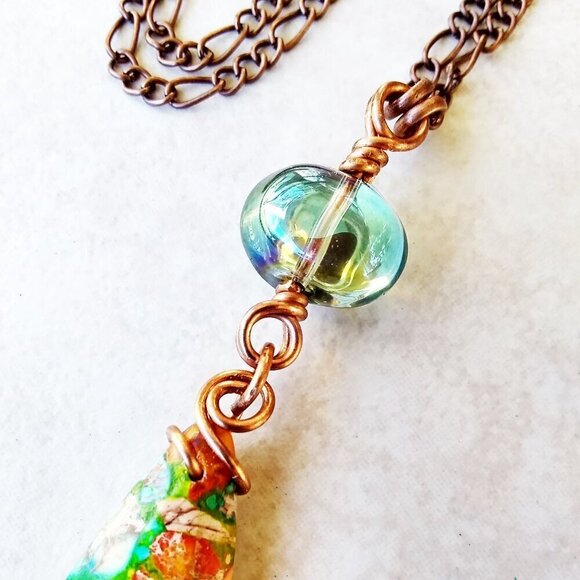 Vibrant Autumnn Colors! Green Sea Sediment Jasper Teardrop Copper Necklace - Picture 5 of 11